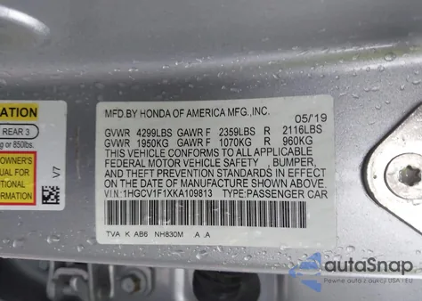 2019 Honda Accord Lx z USA, uszkodzony, nr VIN 1HGCV1F1XKA109813